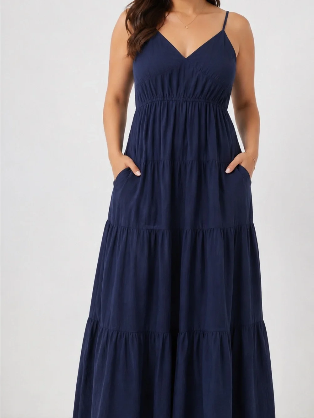 Abercrombie & Fitch Navy Tiered V-Neck Maxi with Spaghetti Straps With Pockets